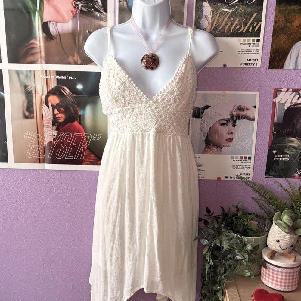 Boho Ivory Crochet Tie-Back Handkerchief Dress